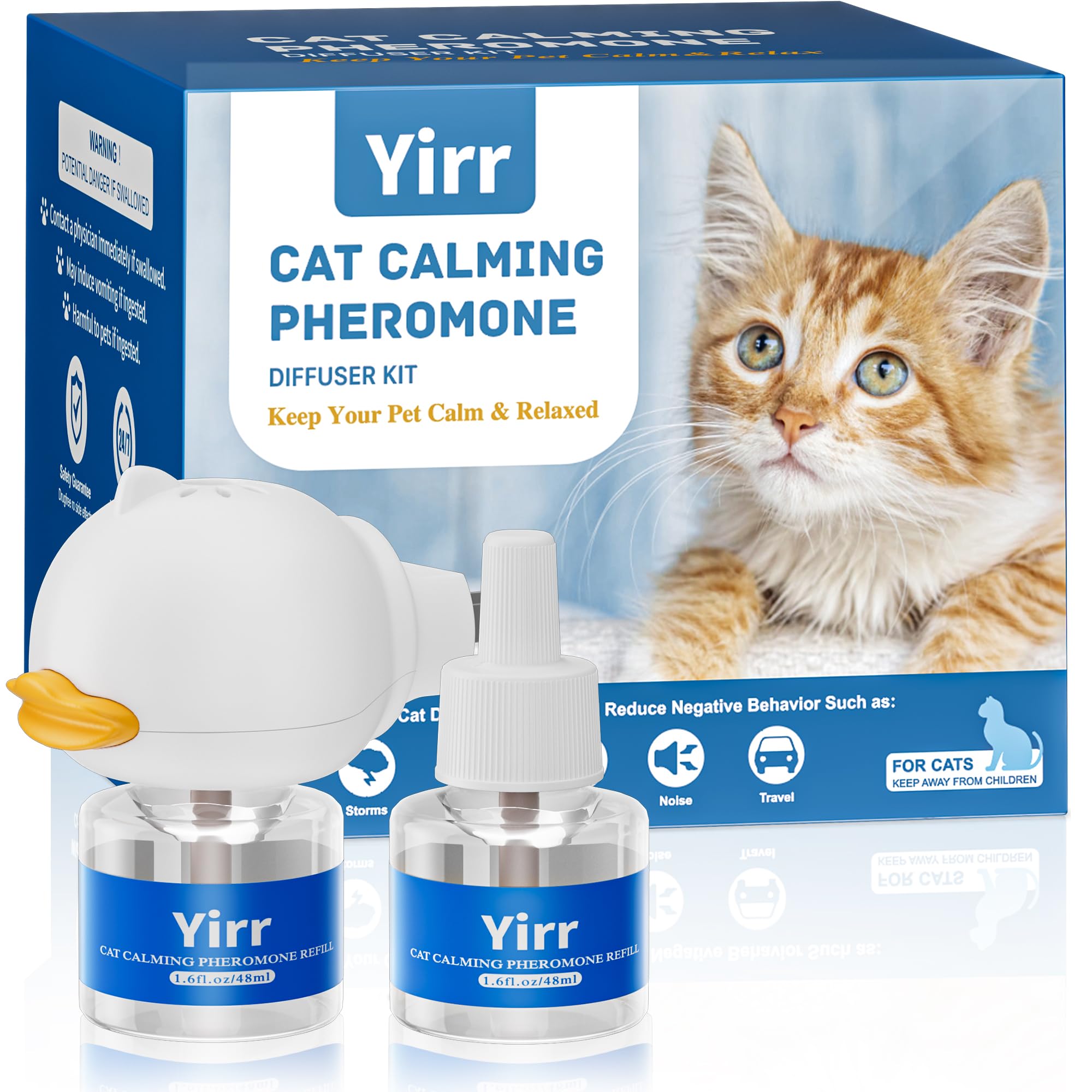 Difusor Calmante Yirr Cat Therapet MD para Gatos, Difusor de Feromonas para Gatos, Enchufable, Difusor Calmante para Múltiples Gatos, Feromona Relajante para Aliviar el Estrés y la Ansiedad en Gatos, 1 Difusor y 2 Recargas (48ml)